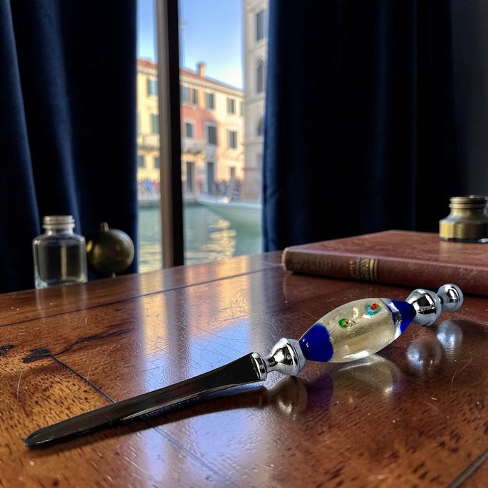 Murano glass letter opener Blue Red swirls