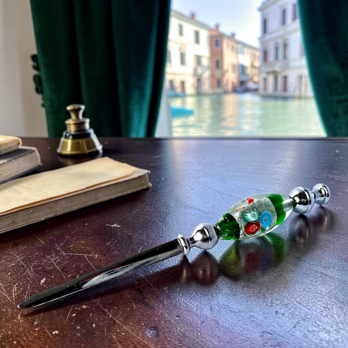 Murano glass letter opener Blue Red swirls