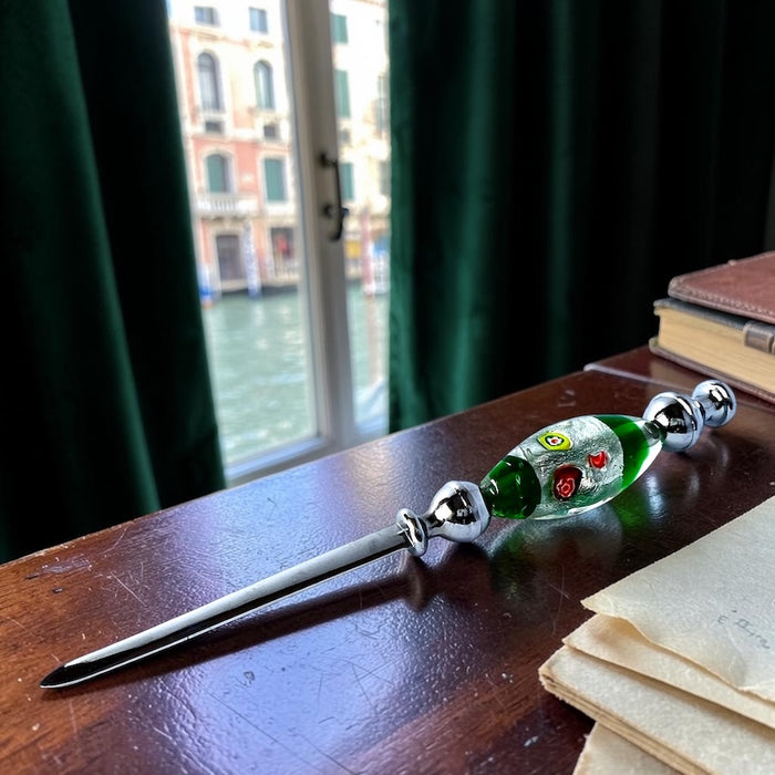 Murano glass letter opener Blue Red swirls