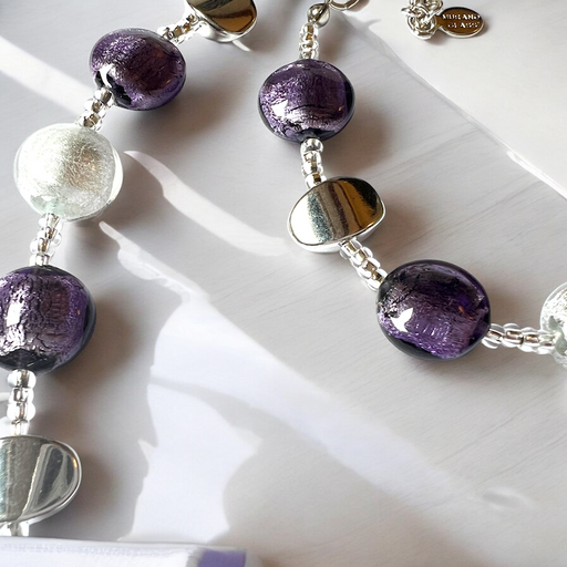Murano glas halsketting Sienna Argento viola bianco - handgemaakt paars-wit Venetiaans glas