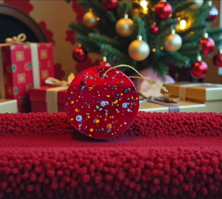 Kerstmis - Muranoglas palla di Natale rossa piatta con fiori