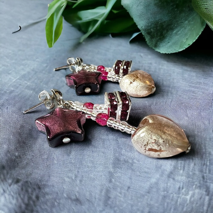 Murano glazen oorbellen Perugia in amethist paars, handgemaakt Venetiaans glas met edele uitstraling