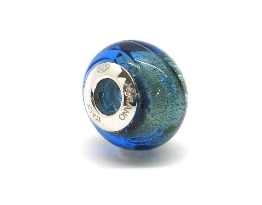 Murano glass bead - Acquamarina profonda con vortici dorati