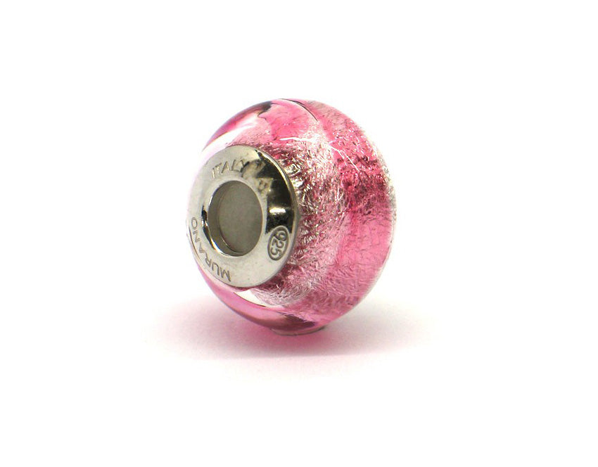 Murano glass bead - Rosa con vortici bianchi